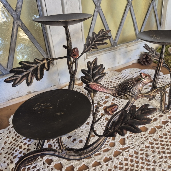 Iron 3 Pillar Candle Holder - Tree Branch Birds Oak Leaves Acorn - Picture 9 of 12